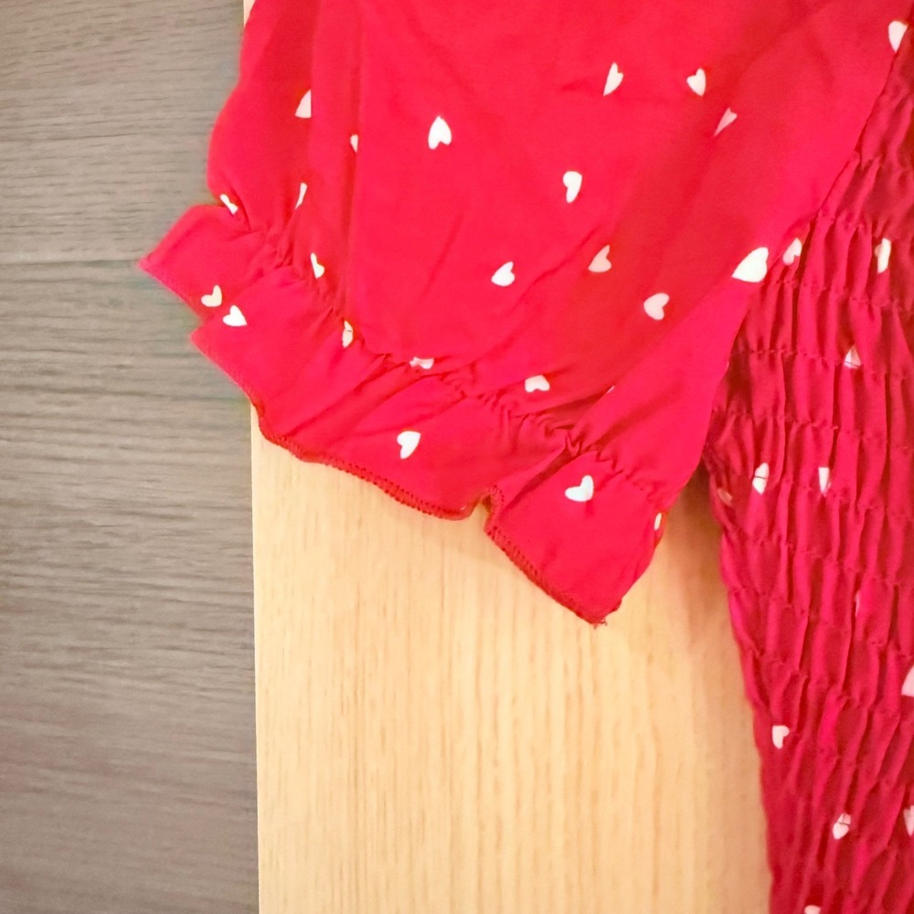Valentines Prettygarden Red Heart Smocked Bodycon Dress Ruched Tie Puff Sleeve L - Picture 4 of 8